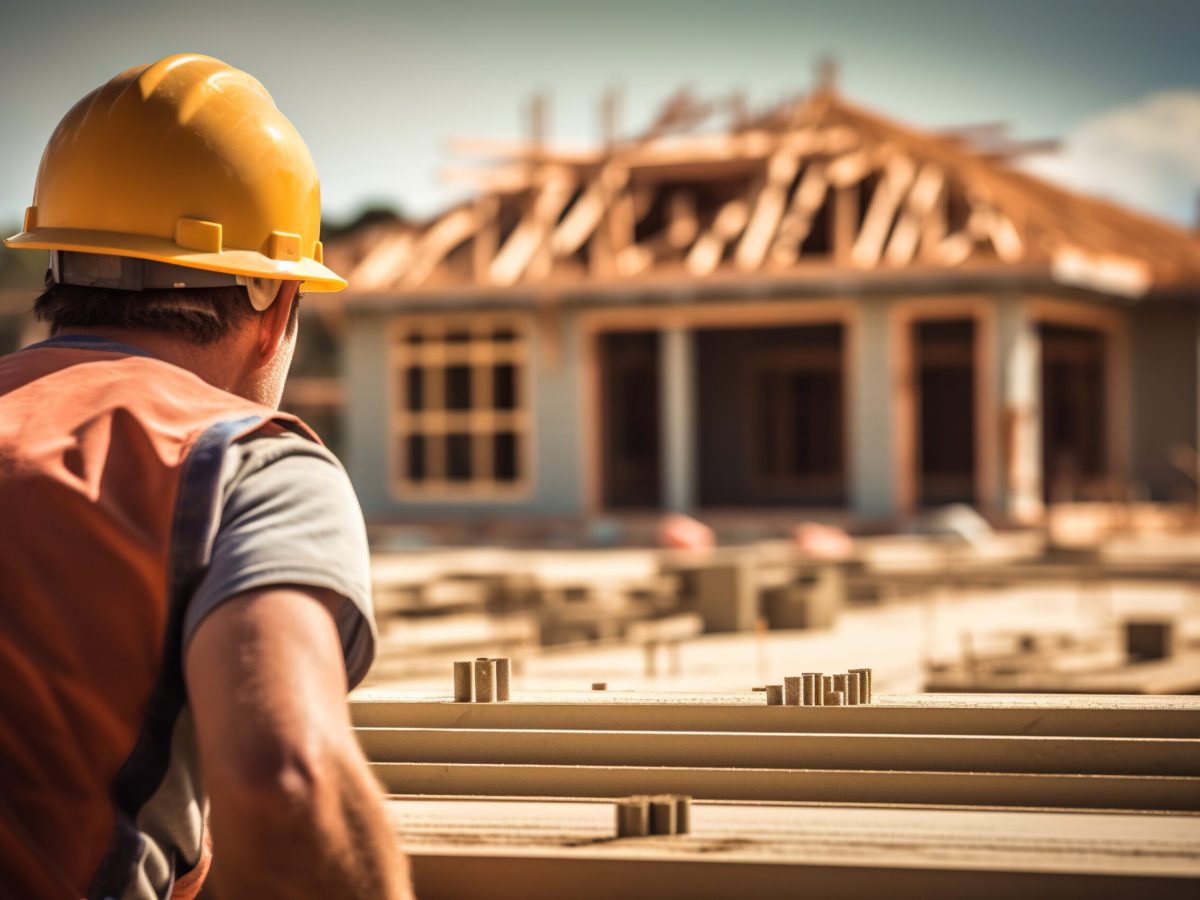 construction worker in a helmet on the background of a building cottage as he brings a dream to life. Ai Generative AI